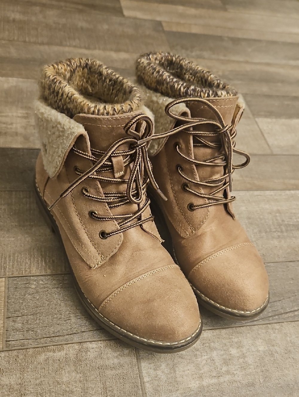 Cliffs by WHITE MOUNTAIN Tan Lace-Up Faux Suede Ankle Boots with Knit Cuff